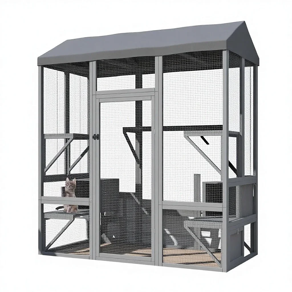 aLarge Outdoor Cat Enclosure 72-Inch Waterproof Cover With Sunshine Panel Roof Feral Cat Shelter Multiple Platforms Resting