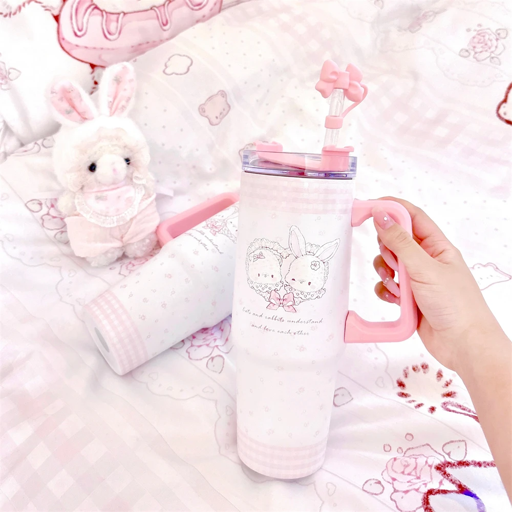 

Large Capacity Insulated Cup Cute Cat Cartoon Pink Frosted 304 Stainless Steel Insulated With Handle Straw Kitchen Itensils Cup