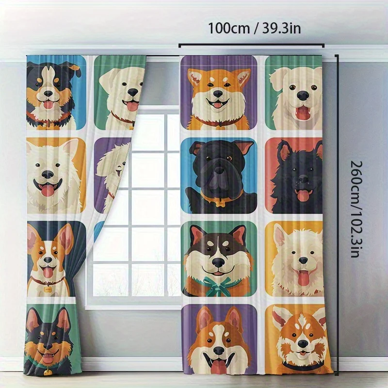 Cartoon Dog Curtain, Colorful Puppy Print Drapes, Corgi Husky Pattern Window Curtains Kids Room Living Room Decor Multiple Sizes