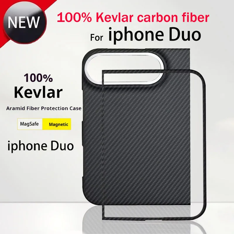 Coque pour Apple iPhone Duo, en fibre de carbone Kevlar véritable, avec dos magnétique, coque avant, compatible Magsafe, ultra-fine et légère.