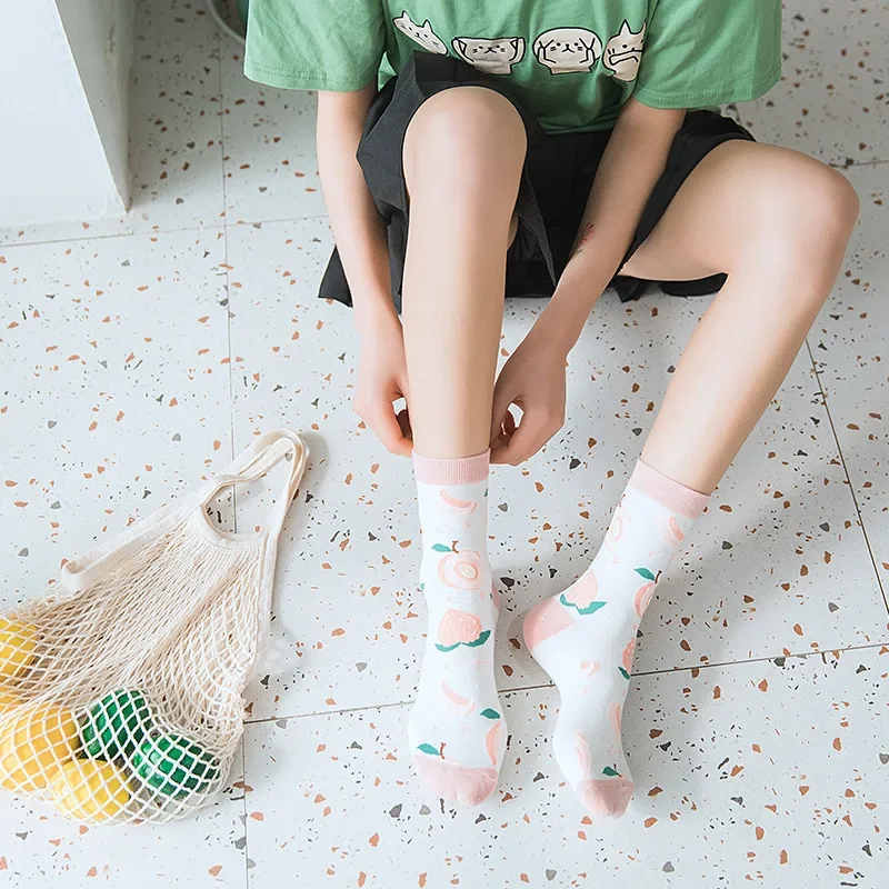 Women Funny Socks Spring Autumn Cartoon Socks Avocado Lemon Watermelon Peach Strawberry Banana Cotton Harajuku Casual Socks