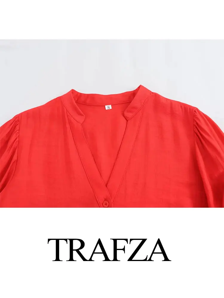 TRAFZA Women Fashion Floral Embroidered Blouse Loose Casual V Neck Long Sleeve Shirt 2024 Female Streetwear Red Shirts Top TRAF