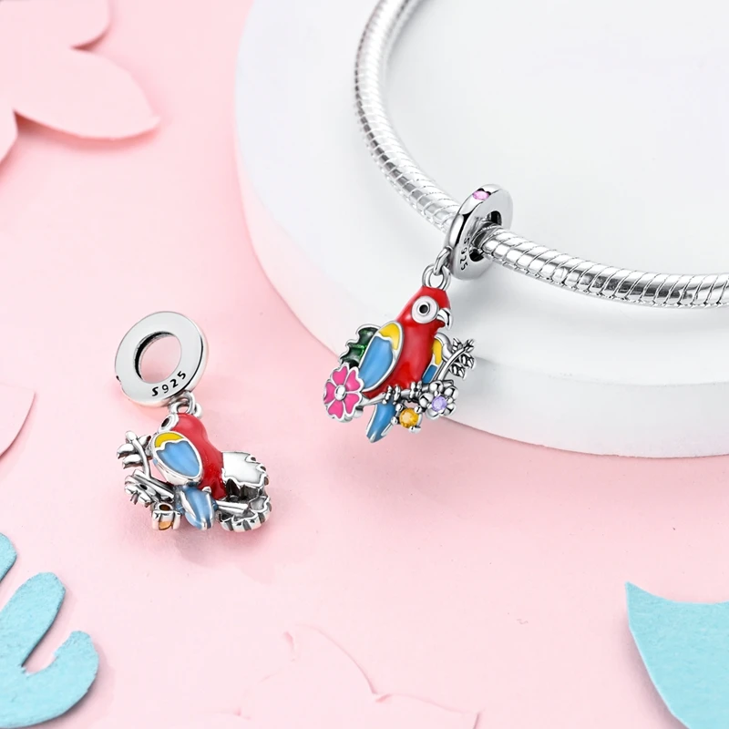 925 Sterling Silver Cute Little Fire Dragon Colorful Parrot Sunflower Bee Charms Beads Fit Pandora Original Bracelet DIY Jewelry