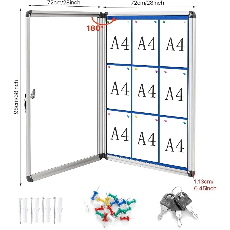 bulletin board enclosed Wall-Mounted Secure Display Board for Notice Message with door and keys,38x28inches(9xA4)