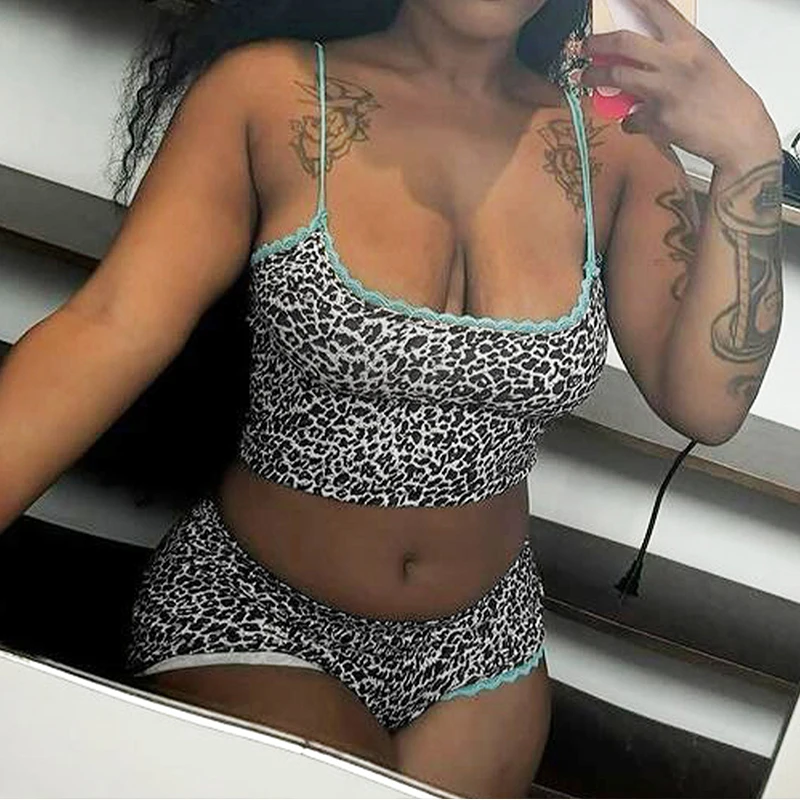 BKLD Leopard Print Lace Patchwork Slim Two Pieces Contrasting Summer Outfits 2025 Straps Backless Camisole+Shorts Y2K Cute Suits