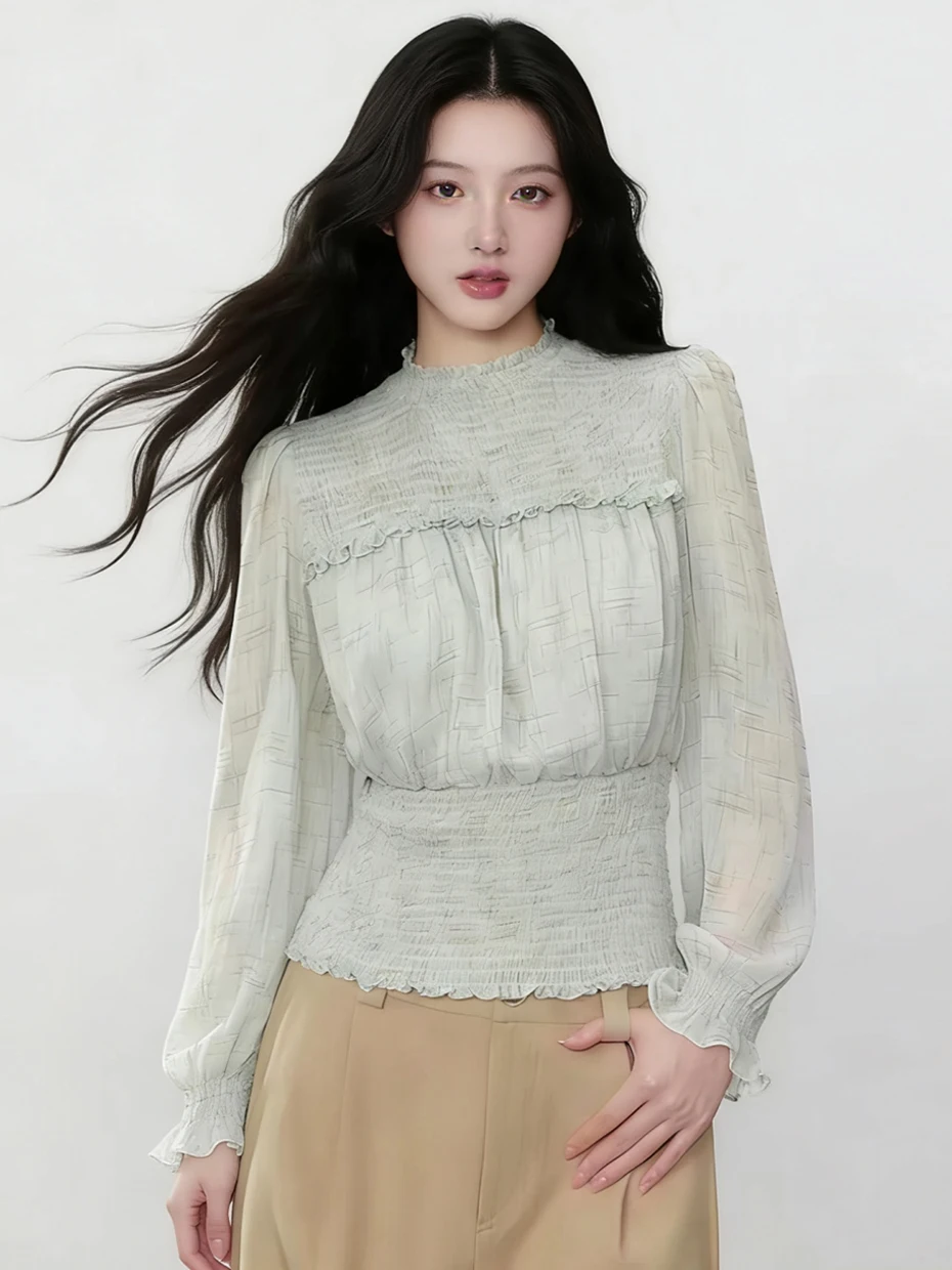 

Elegant Floral Print Chiffon Shirt Women's Long Sleeve Spring 2026 New Style Fashionable Top Korean Style Slim Fit round Neck