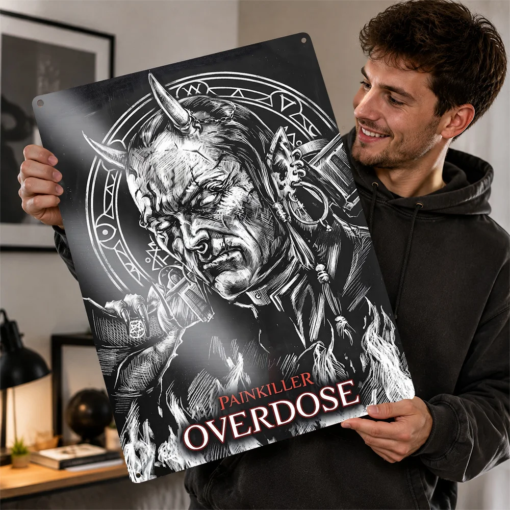 Painkiller Overdose Demon Portrait Aluminum Poster Customized Metal Tin Sign Dark Survival Tribute Wall Art Enhances Game Room