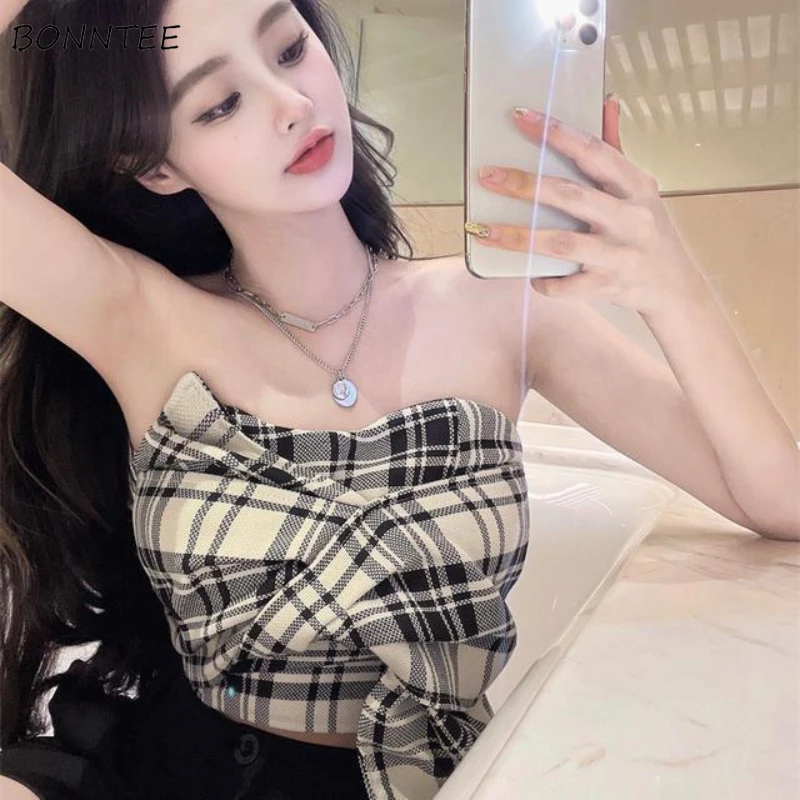 

Camis Women Strapless Plaid Backless Sweet Spicy Girl Tight Fit Outer Streetwear Aymmetrical Vintage Chic Summer Crop Tops Y2k