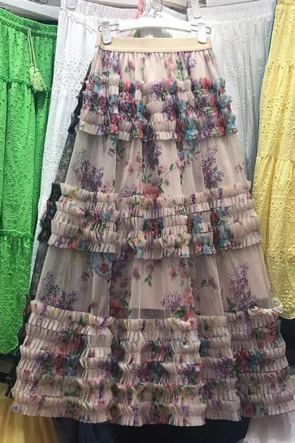 

2024 French Palace Style Skirt for Women Plus Size Colorful Floral Mesh Skirt Vintage Printed Tiered Tulle Cake Skirt Fashion