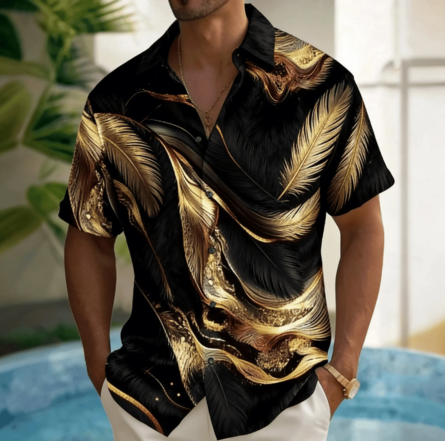 Men's Black Gold Gilded Fluid Texture Print Short Sleeve Shirt, Spring Summer Luxury Premium Blouse, Loose Casual Top