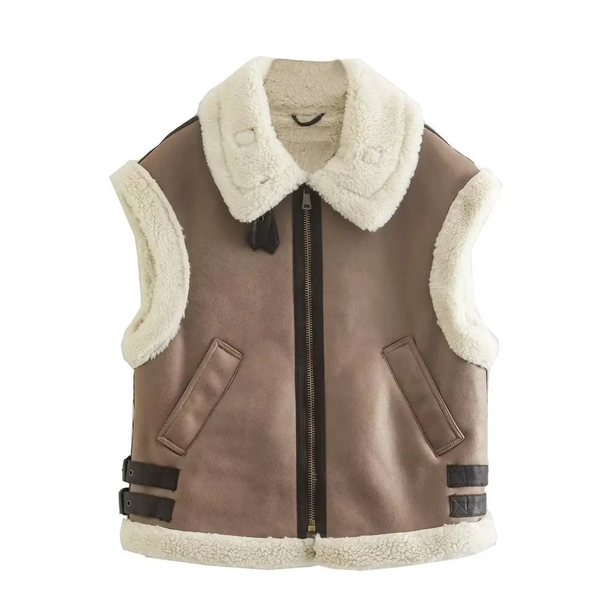 2022 Winter Fashion Women Thick Warm Fleece Faux Leather Jacket Splice Sleeveless Waistcoat Coat Ladies Biker Vest Outwear Tops