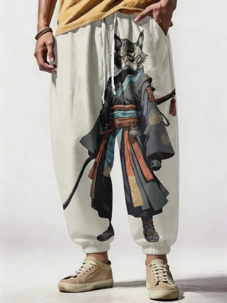 Fashion Summer Sweatpants Holiday Loose Men's Japanese Samurai Cat Graphic Printed Retro Long Trouser 2026 Sports Man Pants