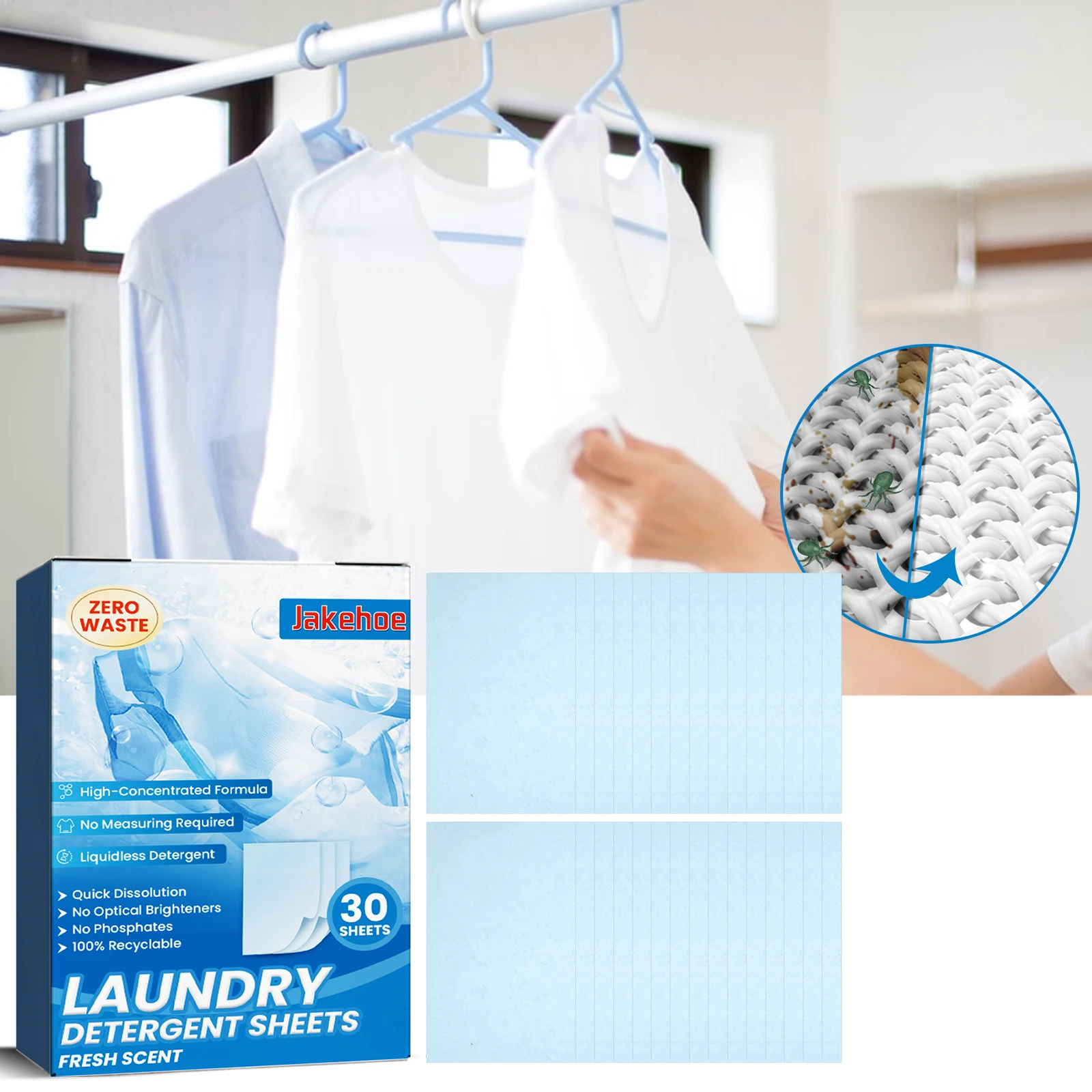 Liquidless Detergent Quick Dissolution No Optical Brighteners No Phosphates 100% Recyclable Fresh Scent Laundry Detergent Sheets