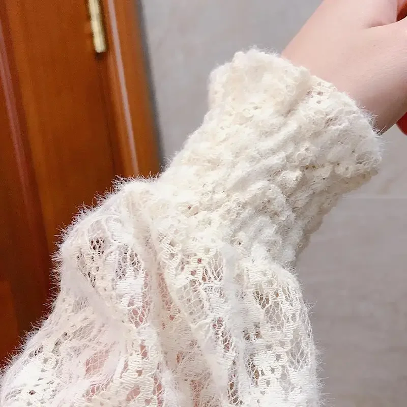 Women Blouse Women\'s Turtleneck Lace Lantern Sleeve Autumn Winter Sweater Mesh Top Blusas Ropa De Mujer