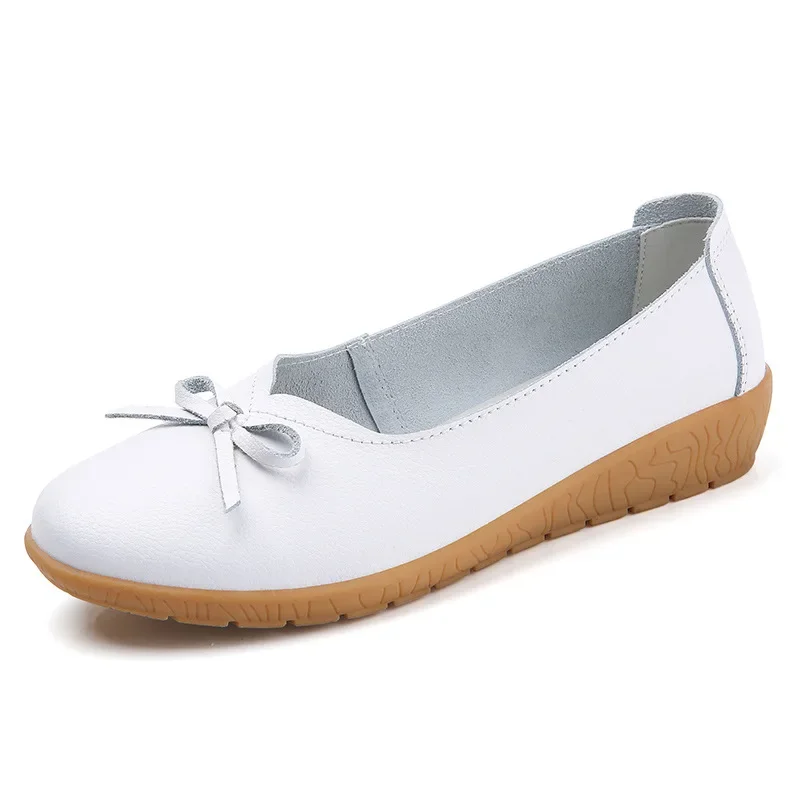 2022 Women Flats Ballet Shoes Genuine Cowhide Leather Breathable Moccasins Boat Ballerina Ladies Casual Loafers Off White