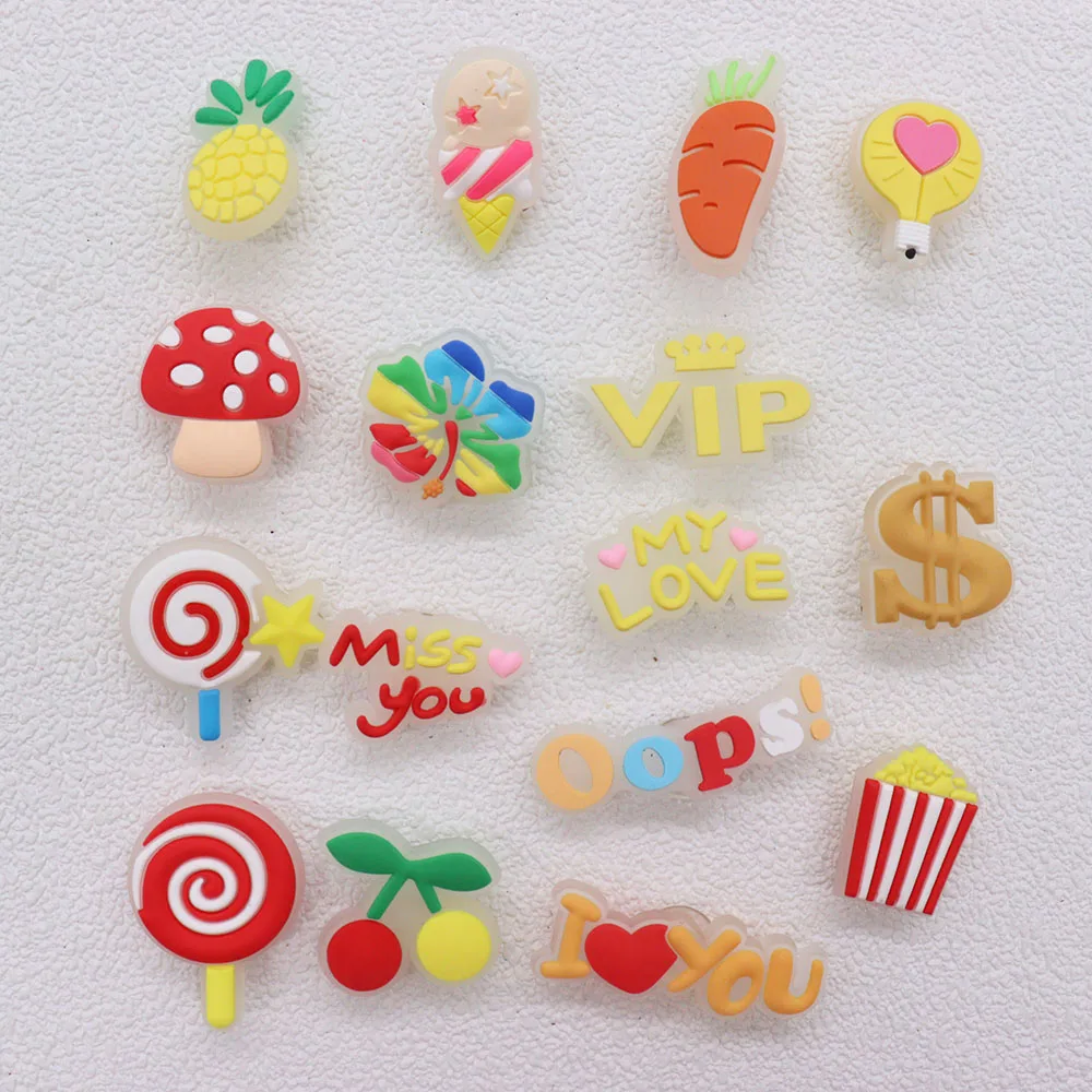 

50Pcs Wholesale Miss You Oops Pineapple Cherry Popcorn Luminous Shoe Buckle Charms Kids Glow in the Dark Accessories