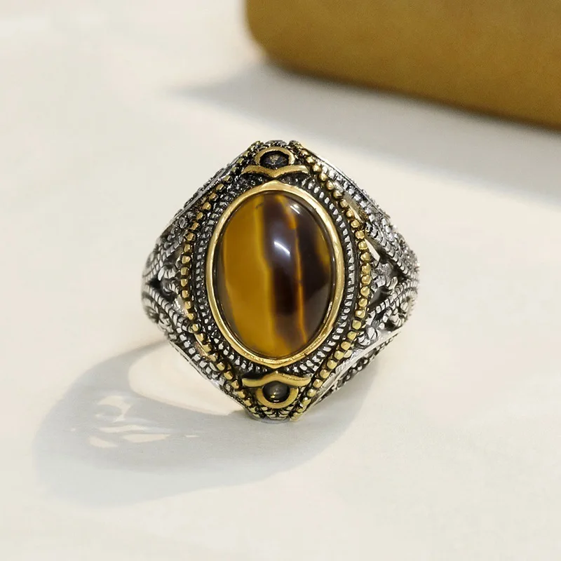 Exquisite Convex Circular Brown Opening Natural Tiger Eye Stone Carving With Diamond Fashionable Men's And Women's Rings