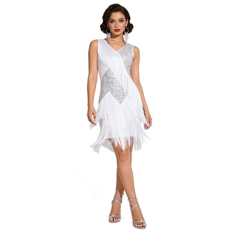 Latin Dance Sequins Tassel Dress for Women Tango Rumba Samba Performance Dresses Adults Latin Competition Party Ball Clothing