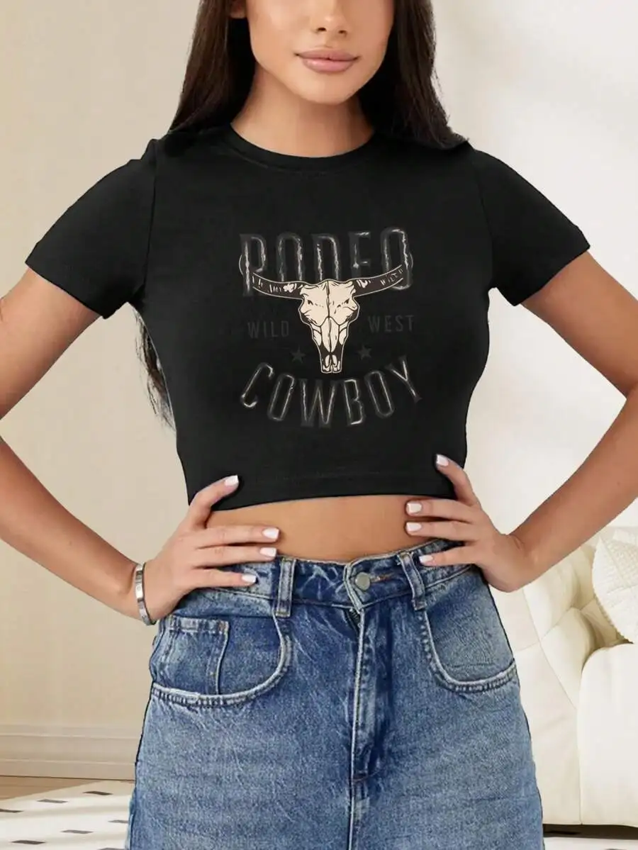 Camiseta corta negra para mujer con estampado de calavera de vaca, estilo vaquero occidental, para fiestas y festivales