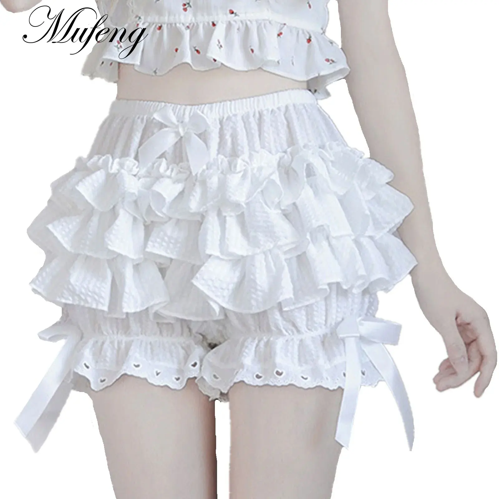 Japanese Style Shorts Women Adult Ruffled Lace Trim Pumpkin Shorts Pants Lolita Style Lace-Up Frilly Bloomers Safety Under Pants