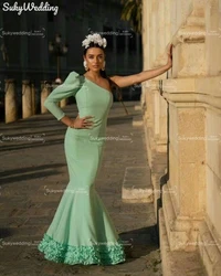 Green Mermaid Flamenco Prom Dresses One Shoulder Long Sleeves Mesh Retro Palace Dancing Spain Trumpet Evening Occasion Gown