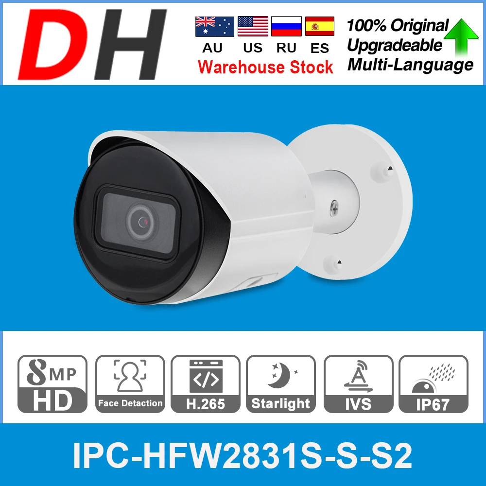 

Dahua Original IPC-HFW2831S-S-S2 8MP 4K POE SD Card Slot H.265+ 30M IR IVS IP67 Starlight Mini Bullet Network IP Camera