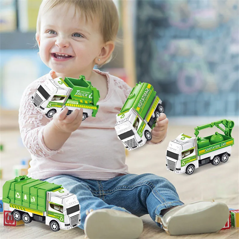 Mini véhicule en plastique à nervures inertielles pour enfants, modèle de camion à ordures, voiture d'assainissement arrière, jouet pour garçon, cadeaux d'anniversaire, ensemble de 4 pièces