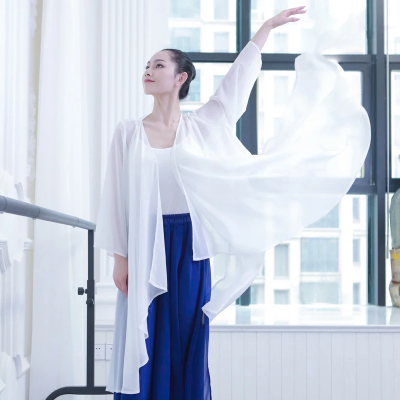 Classical Dance Blouse Dance Training Long Cardigan Practice Costume Women Elegant Chiffon Hem Split Tops Modern Dance Shirts