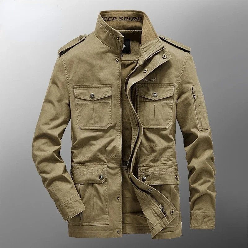 

Pop Men's Denim Jacket Business 100% Cotton Washed Coats Multi Pockets Tactical Cargo Varsity Outdoors Jacksets Men Parkas