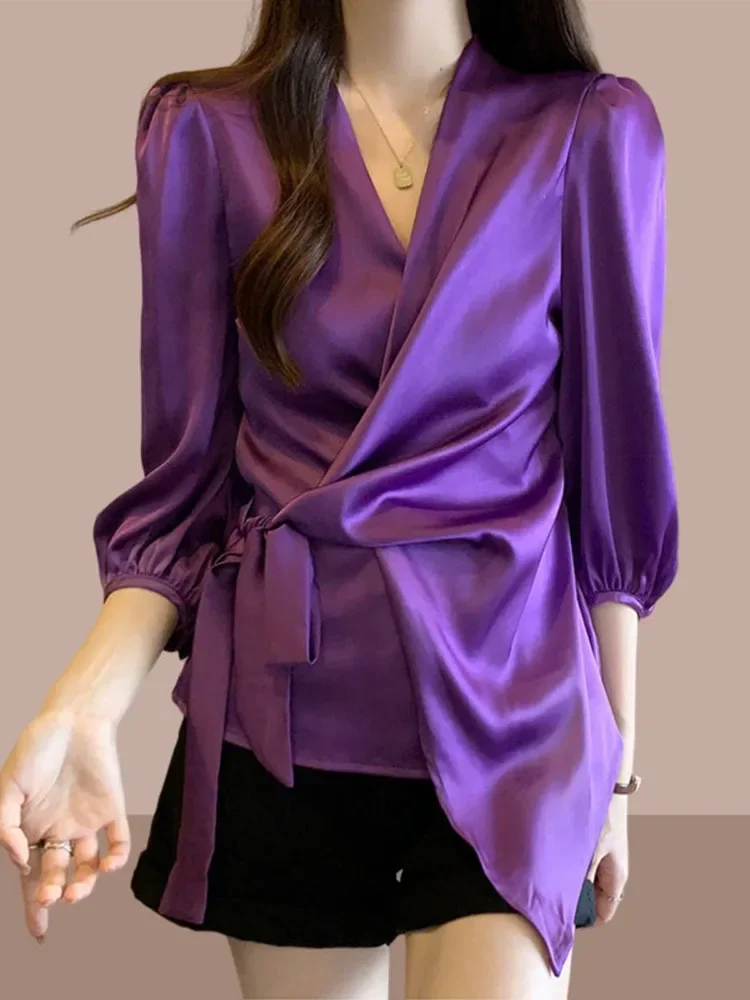 

Женская блузка, элегантная фиолетовая офисная облегающая рубашка Mujer, весенне-осенняя атласная рубашка на шнуровке с v-образным вырезом и рукавами-фонариками