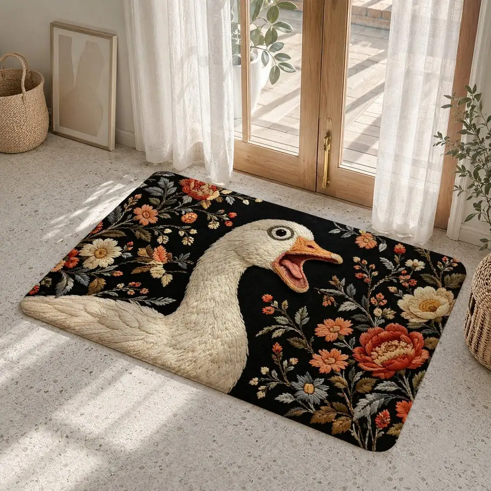 Screaming Beasts Floral Embroidery Floor Mat Flannel Rug Non Slip Absorbent Soft Washable For Entryway Hallway Kitchen Decor