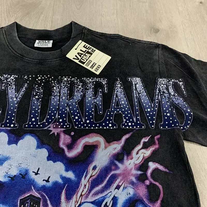 أزياء عارضة رذاذ مباشر الأبيض للأبد الشارع أزياء العلامة التجارية المحملة وادي الماس غسل المياه القطن الرجال تي شيرت #4