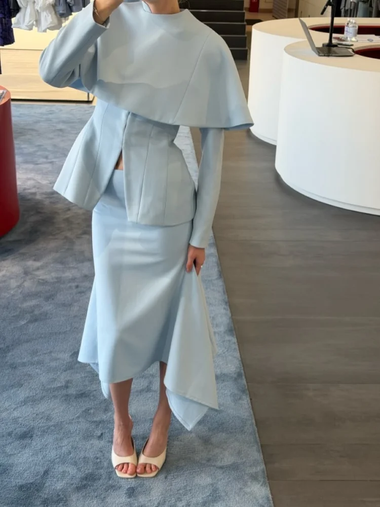 Women's Light Blue 3‑piece Matching Set Chic Cape Collar Fitted Top Asymmetrical Midi Skirt Elegant Party Business Daily Outfit