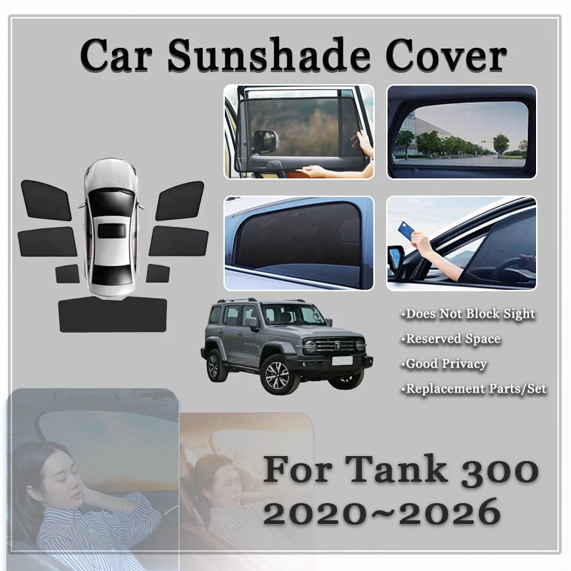 

Car Window Sunshades For GWM Wey Tank 300 2020~2026 Black Magnetic Mesh Net Sun Window Visor Windshields Shades Auto Accessories