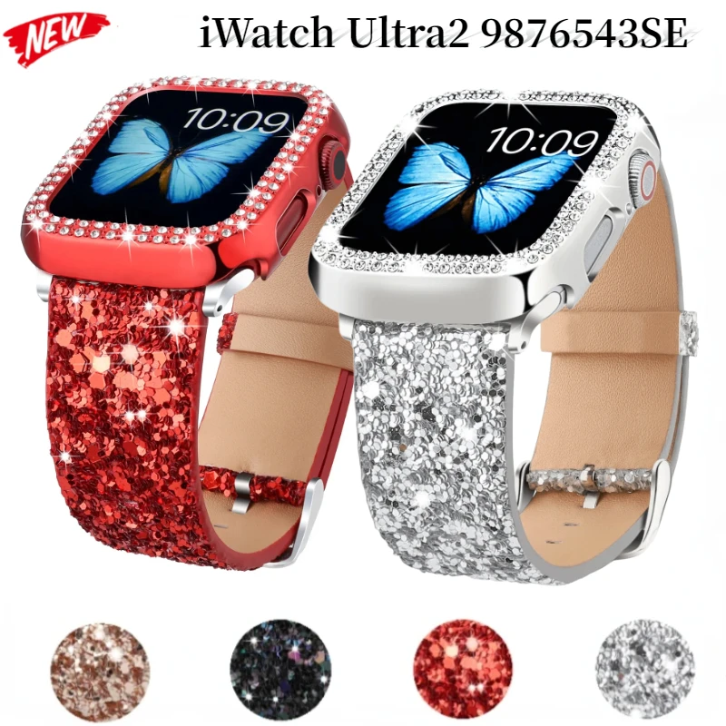 Cinturino in pelle + custodia per PC per Apple Watch Ultra 49mm 9 8 7 45mm 41mm Fashion Shiny frammenti bracciale IWatch 6 5 4 SE 44mm 42mm 38mm