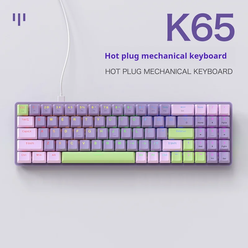 K65 Wired Mechanical Keyboard RGB Light Effect Hot Swappable  Multi System Compatibility Suitable For Female Office Esports Game