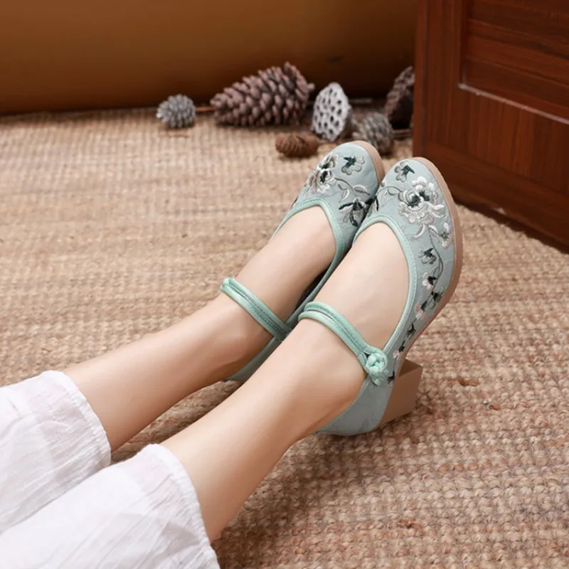 Comemore Chinese Style Hanfu Cotton Shoes Retro Thick High Heel Sandals Women's Shoe Summer Footwear Elegant Woman Heels Pumps