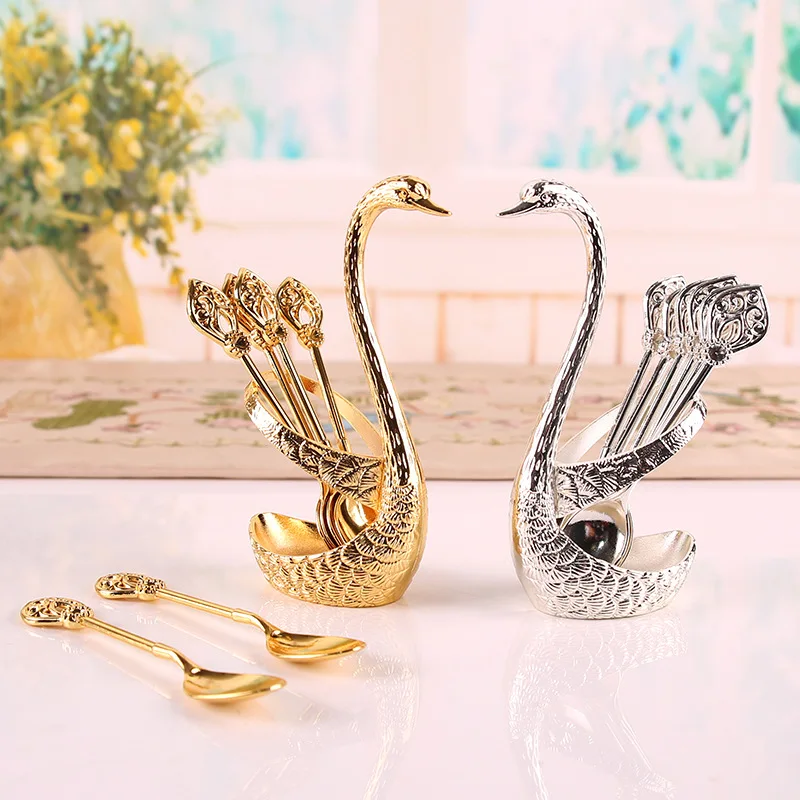 

Noble ornate swan base stand with 6 spoons or forks for coffee fruit dessert stirring mix gift idea