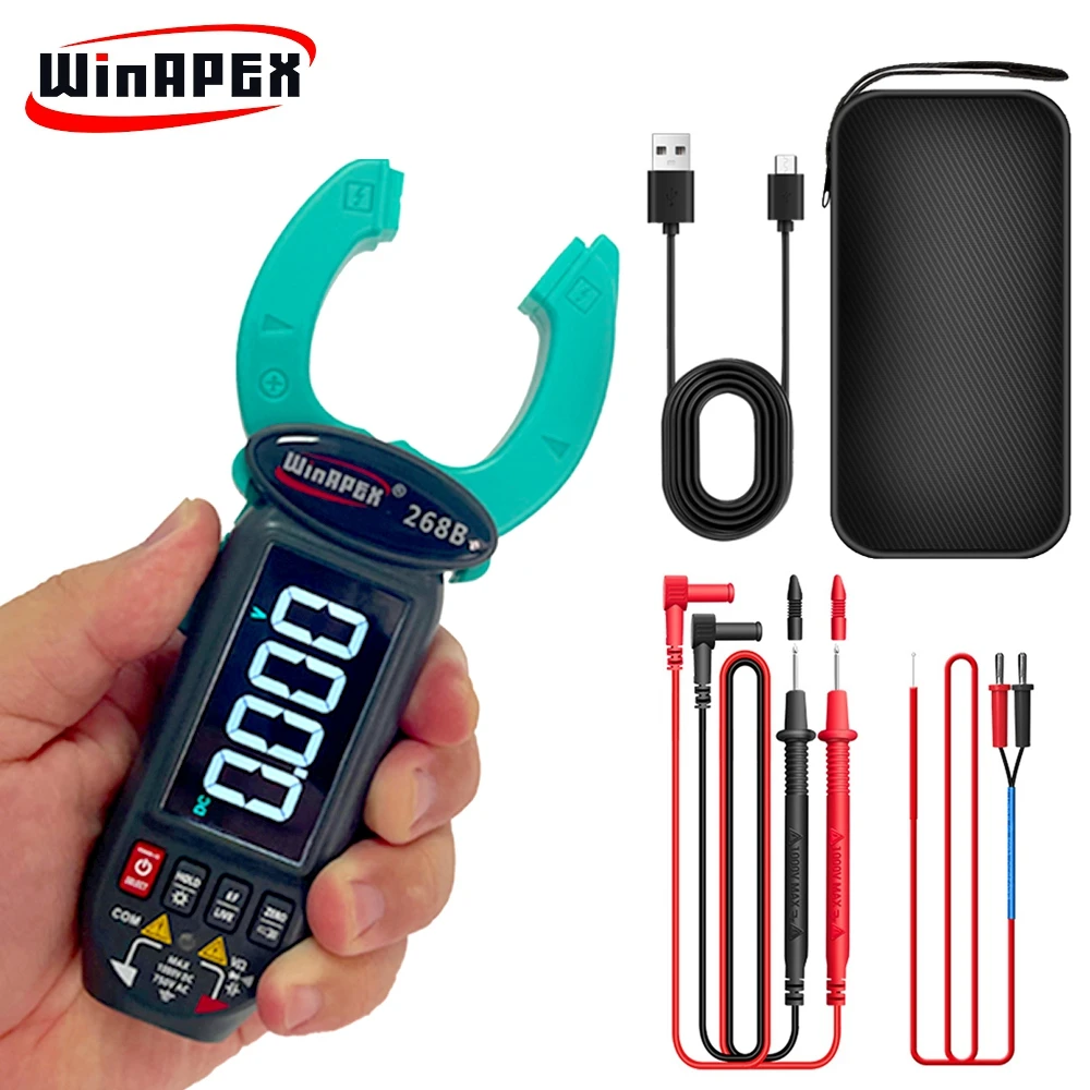 Winapex medidor de braçadeira de detecção de corrente de vazamento 0.1ma precisão true rms multímetro ac dc 60a tipo-c tela rotação braçadeira