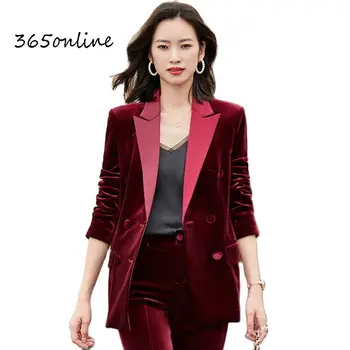 Uniforme formel en velours de haute qualité, modèles de pantalons, vin élégant pour femmes, vêtements de travail d'affaires, manches longues, blazer d'automne et d'hiver