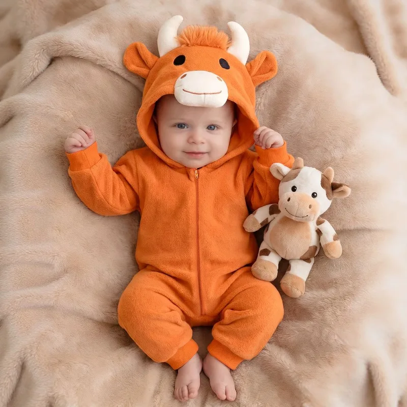 Cute Newborn Orange Cow Romper Hooded Fluffy Warm Bodysuit Infant Toddler One-Piece Jumpsuit Animal Costume Baby Clothes