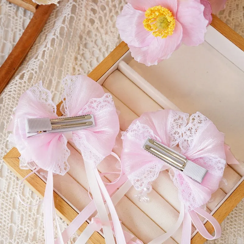 Girls Hanfu Hair Accessories Ancient-style Bow Hair Clips with Flowing Ribbons Fairy Tassel Bobble Headpieces Pair Clip
