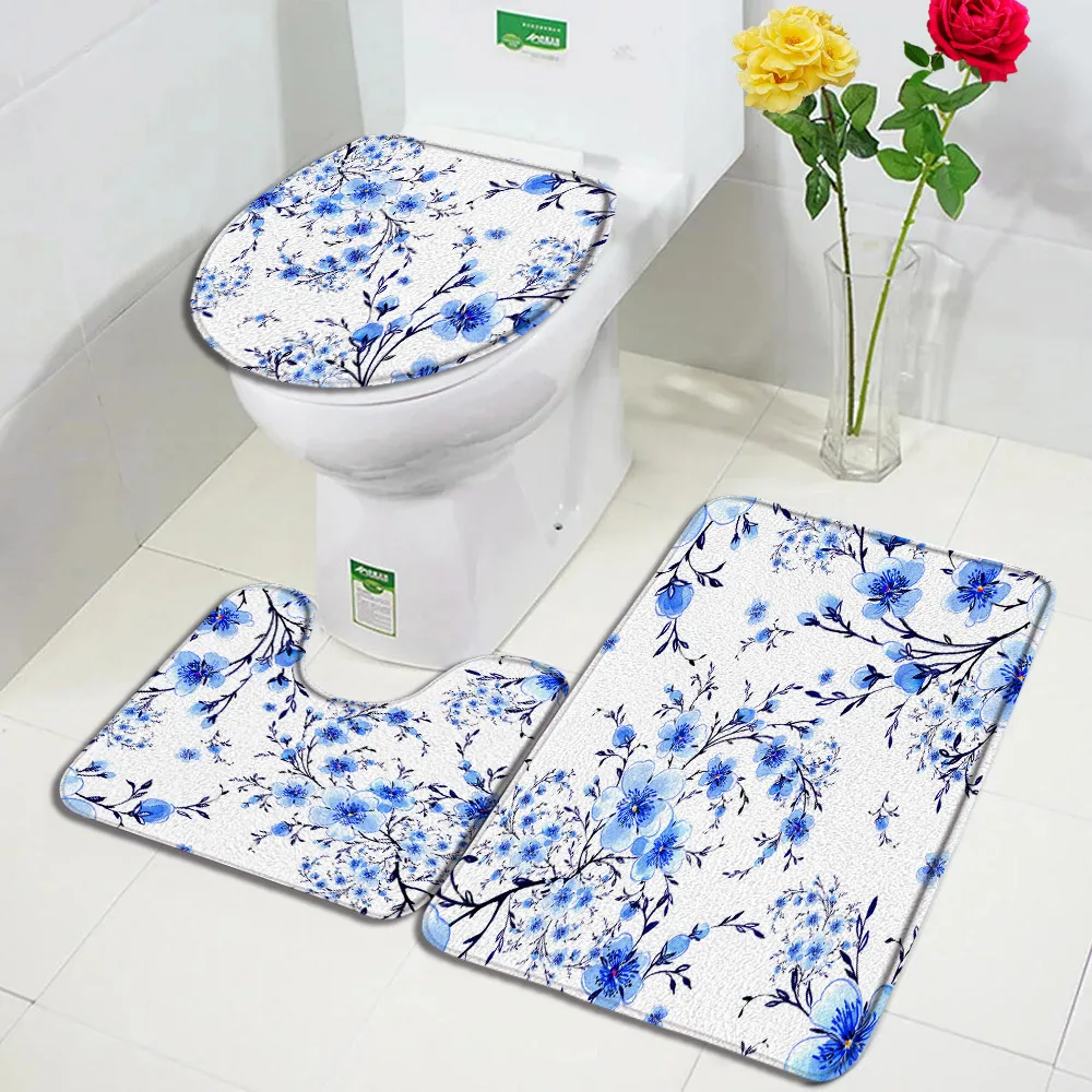 Pink Cherry Blossom Bath Mats 3pcs Set Plant Flowers Carpet Modern Print Home Bathroom Decor Door Rug Anti-Slip Toilet Cover Mat