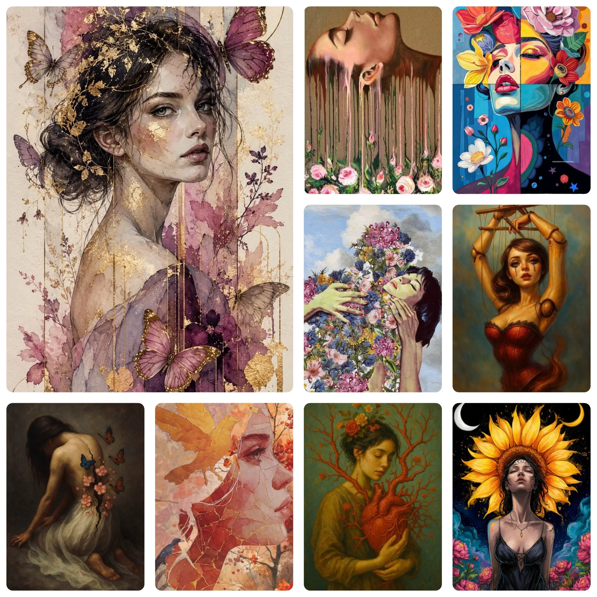 Pintura de Diamantes Sin Marco, Retrato Vintage de Dama Artística con Mariposas y Detalles Florales, Arte Manual, Decoración d