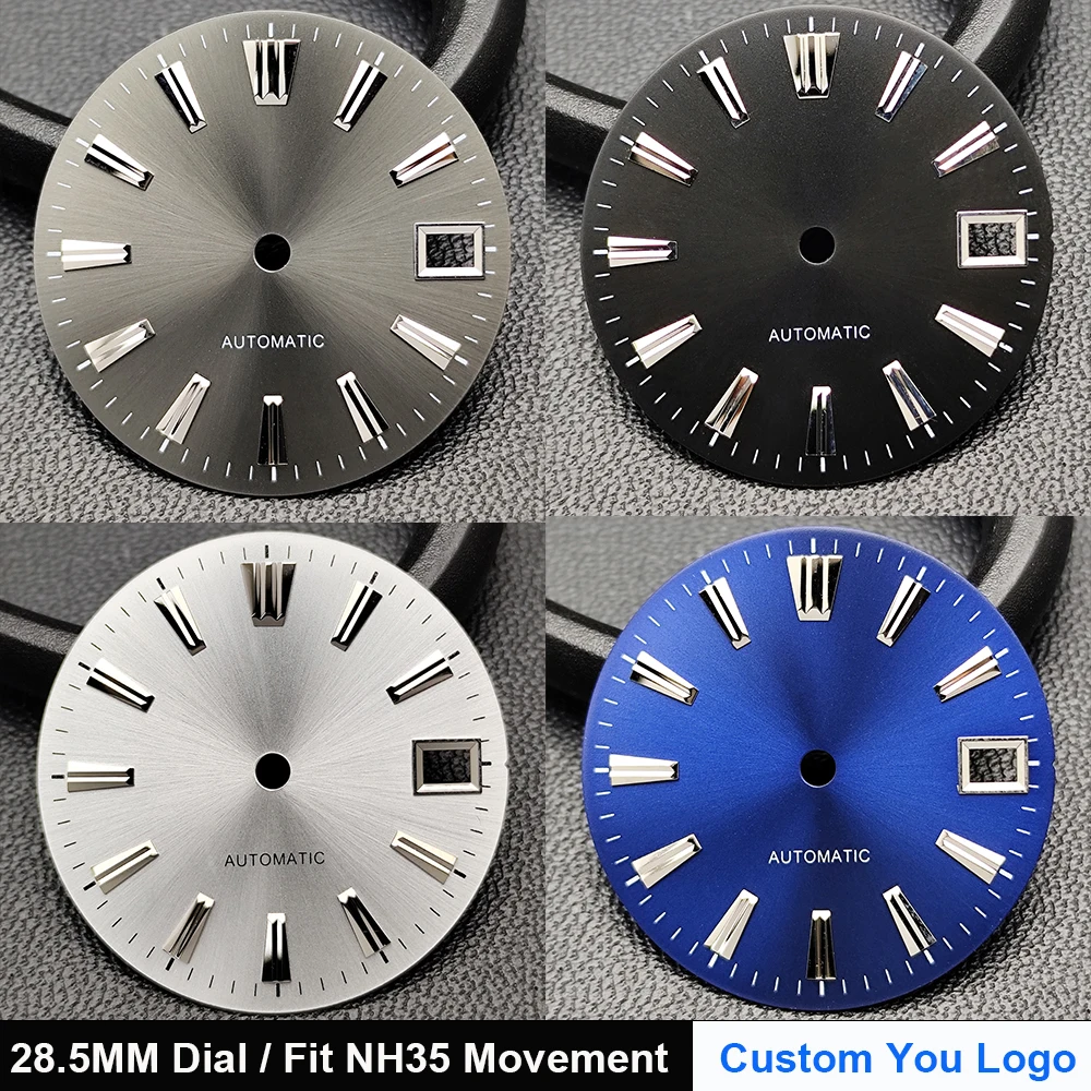 28.5mm Black/Blue Dial Watch Case Fit NH35 Automatic Movement Custom Logo No Luminous DIY Watch Parts Modification Accessories