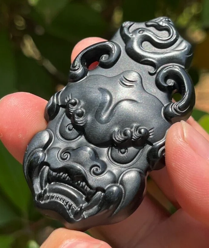 CERTIFIED 50g 100% NATURAL HOTAN BLACK JADE HAND CARVED Auspicious Beast PENDANT