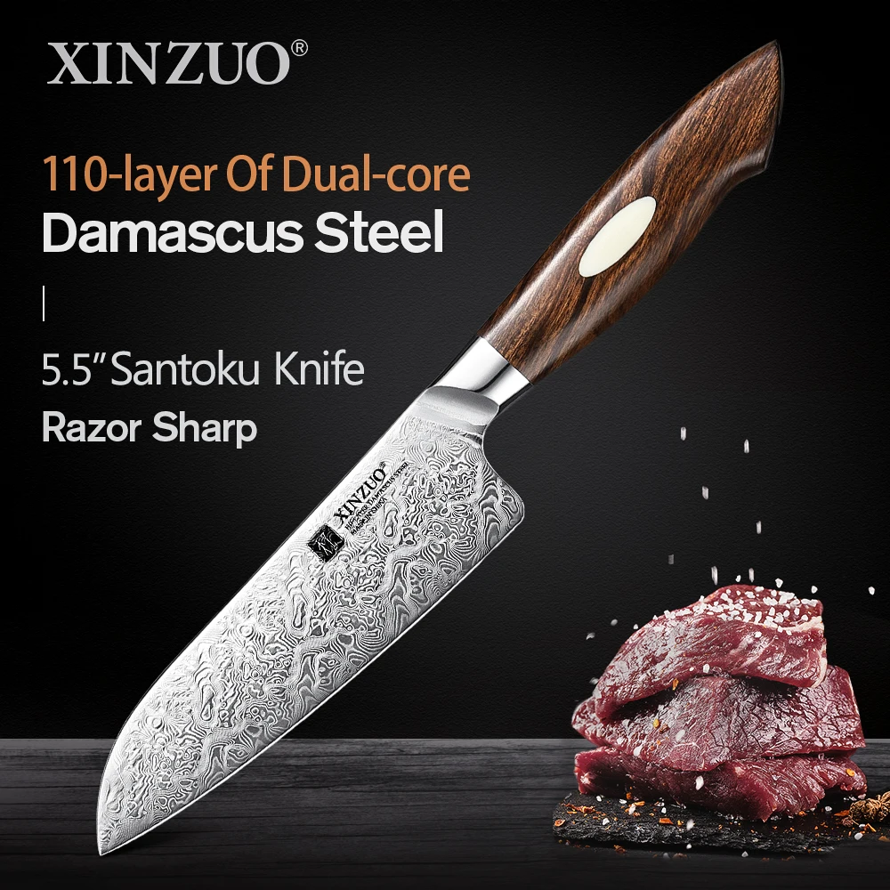 XINZUO Design 5.5 inch Santoku Knife 110 Layers Damascus Steel 60±2HRC Meat Knives North American Desert Ironwood Handle