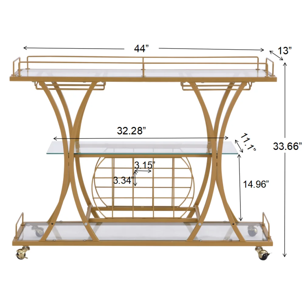 Gerobak Bar Emas dengan Rak Anggur Kaca Tempered Bingkai Logam Penyimpanan Anggur