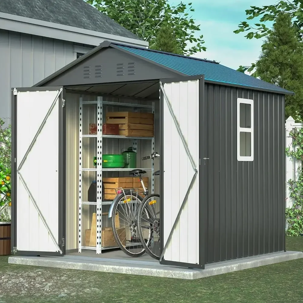 6x6 Outdoor Metal Storage Shed - Steel Utility Tool Shed for Backyard, Garden, Patio, Lawn in Black