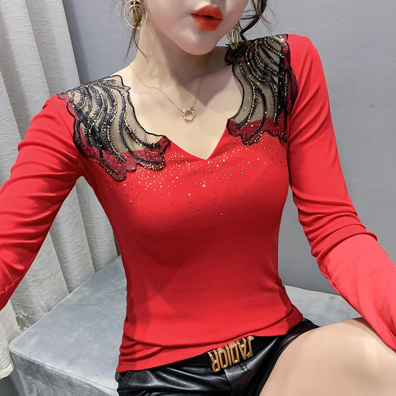 New Autumn Hand Made Diamonds T-Shirt Women Mesh Transparent Embroidery Drilling Shiny Slim Tops Tees Long Sleeve Casual 9924